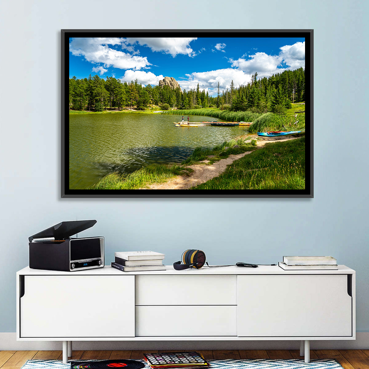 Sylvan Lake Dockside Scene Wall Art in a room, landscape