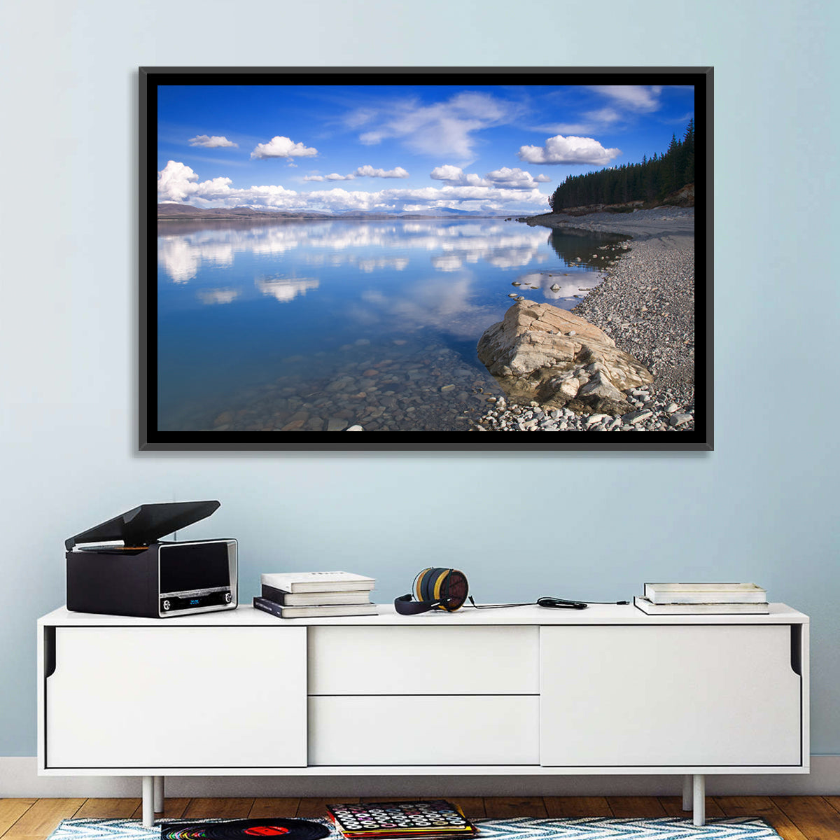 Pukaki Pebbled Shoreline Wall Art in a room, landscape