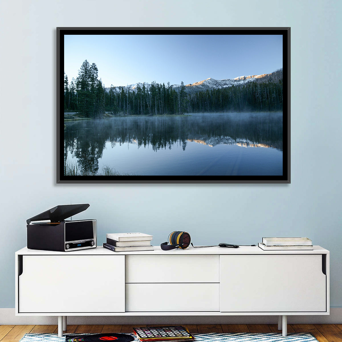 Sylvan Lake Morning Mist Wall Art in a room, landscape