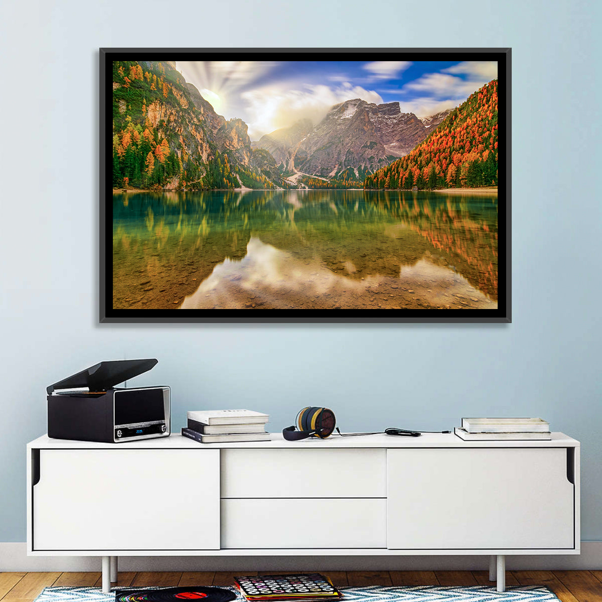 Lago Di Braies Sunrise Wall Art in a room, landscape