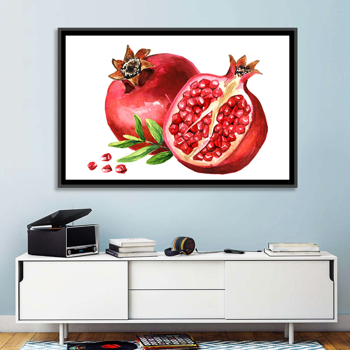 Fresh Pomegranate Watercolor Wall Art in a room, landscape