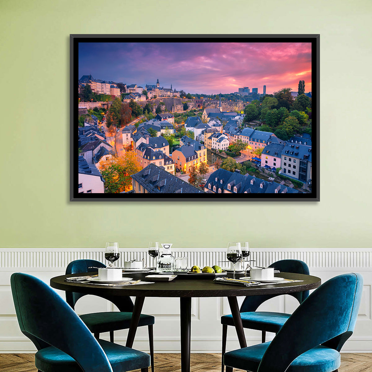 Luxembourg Grund at Dusk Wall Art in a room, landscape
