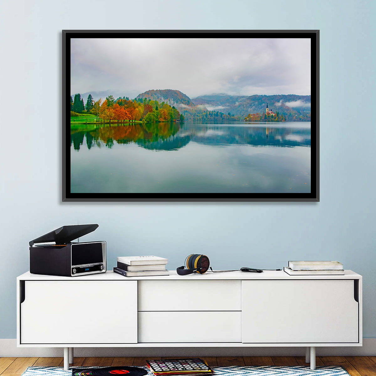 Lake Bled Island Church Wall Art in a room, landscape