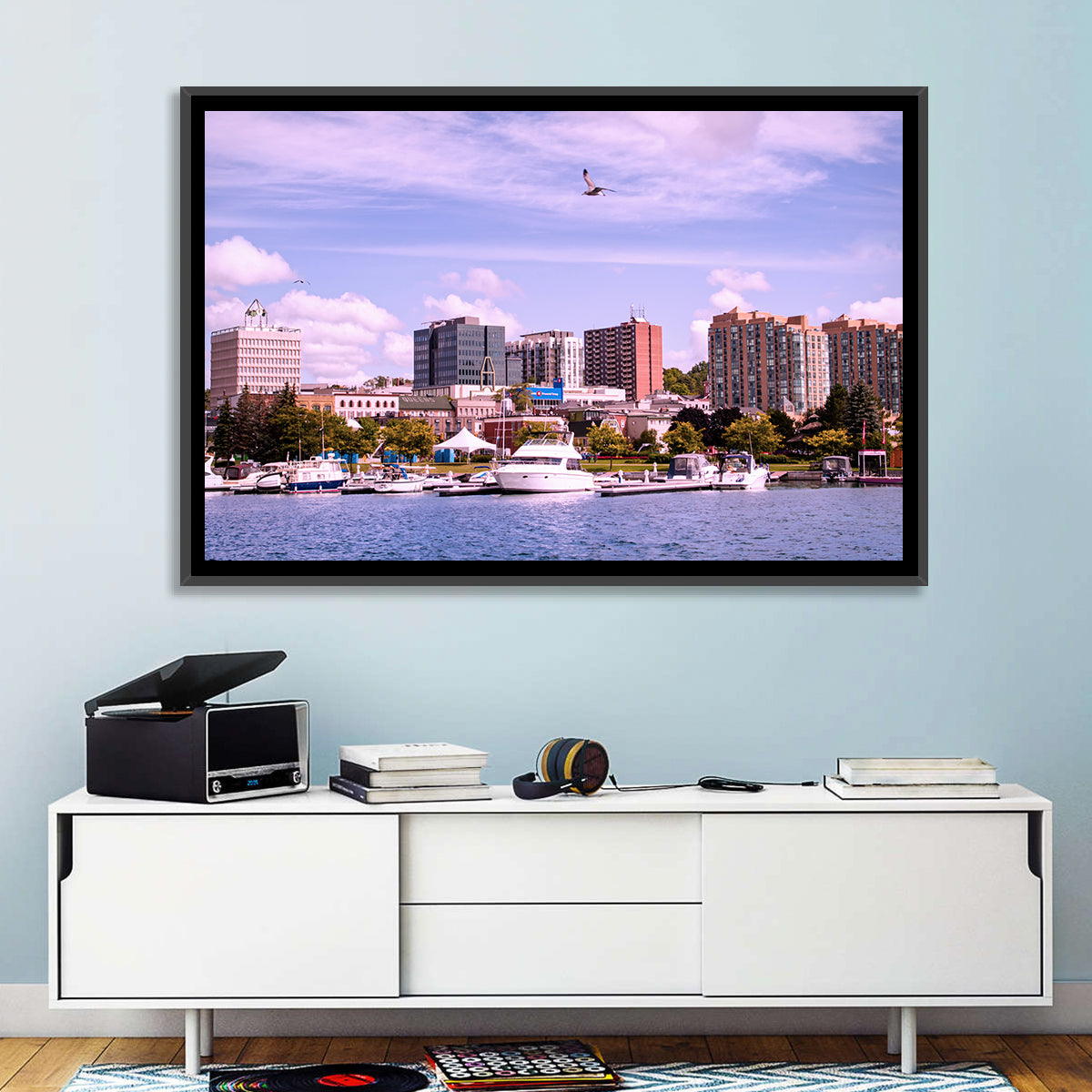 Barrie Lakefront Skyline Wall Art in a room, landscape