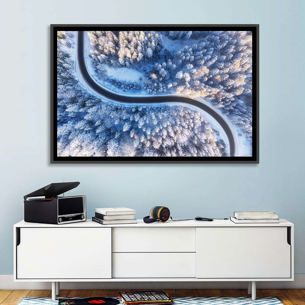 Snowy Forest Road at Golden Hour Wall Art
