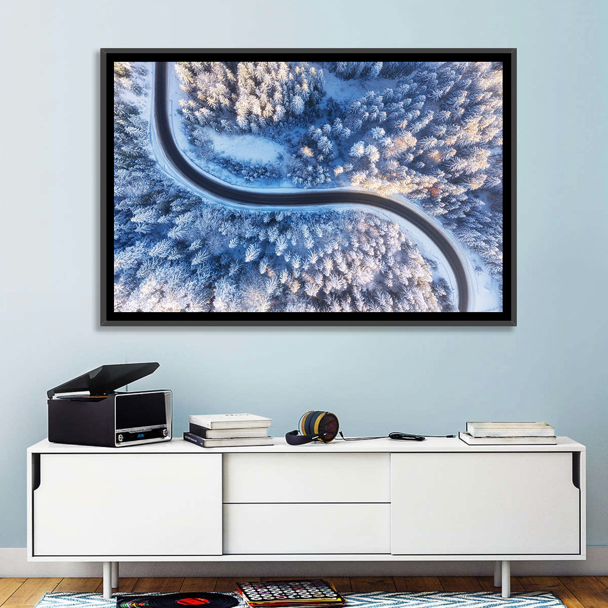 Snowy Forest Road at Golden Hour Wall Art