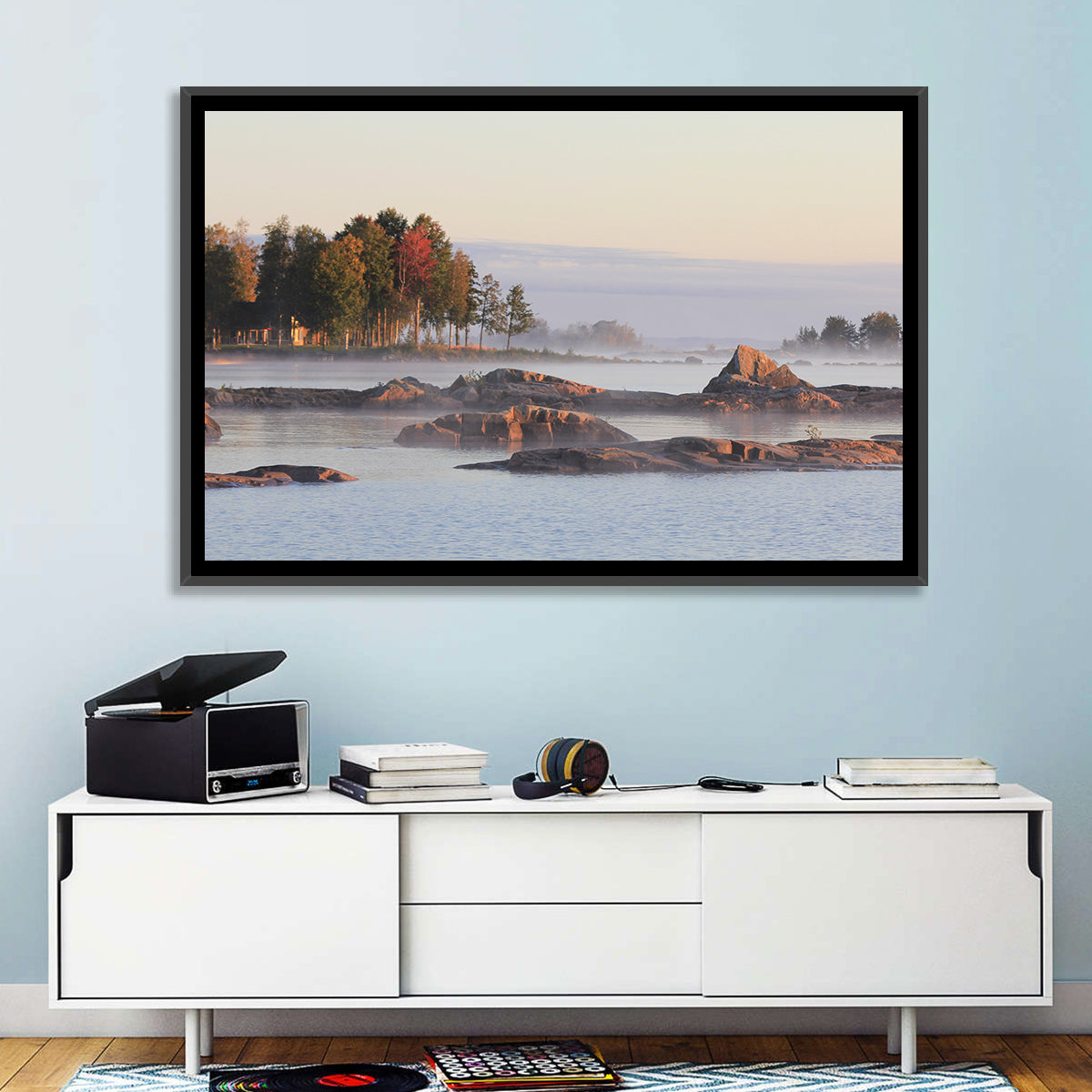 Lake Vanern Misty Shoreline Wall Art in a room, landscape