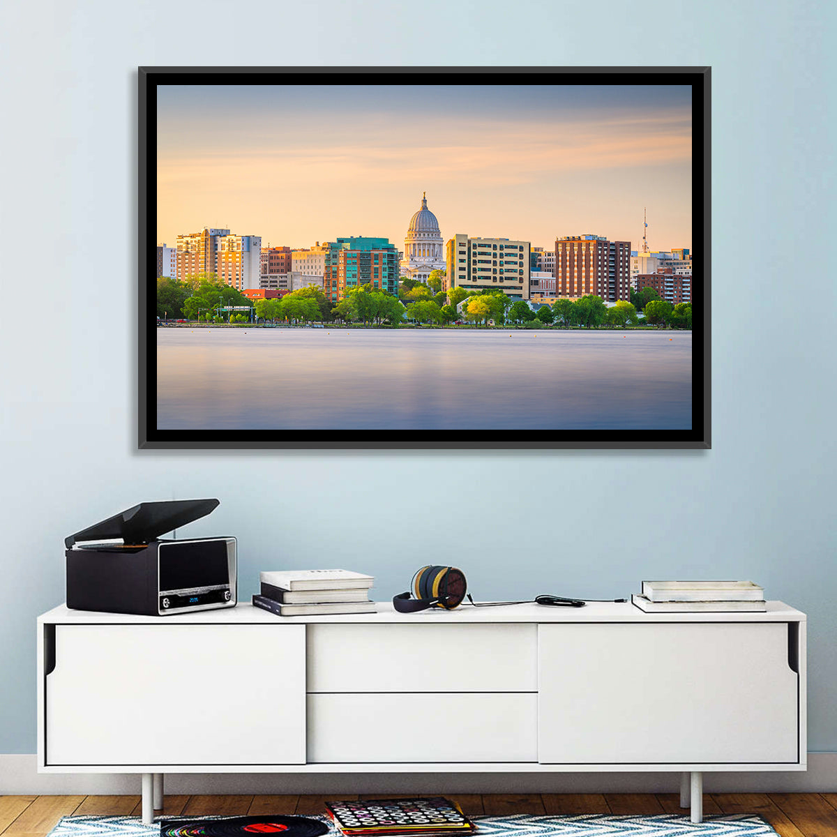 Madison Skyline at Lake Monona Wall Art in a room, landscape