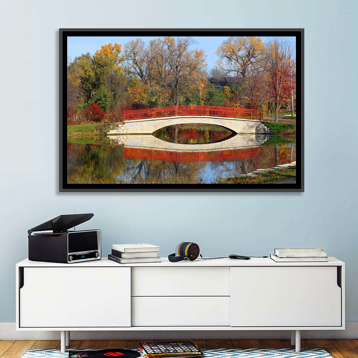 Tenney Park Stone Bridge Reflection Wall Art in a room, landscape
