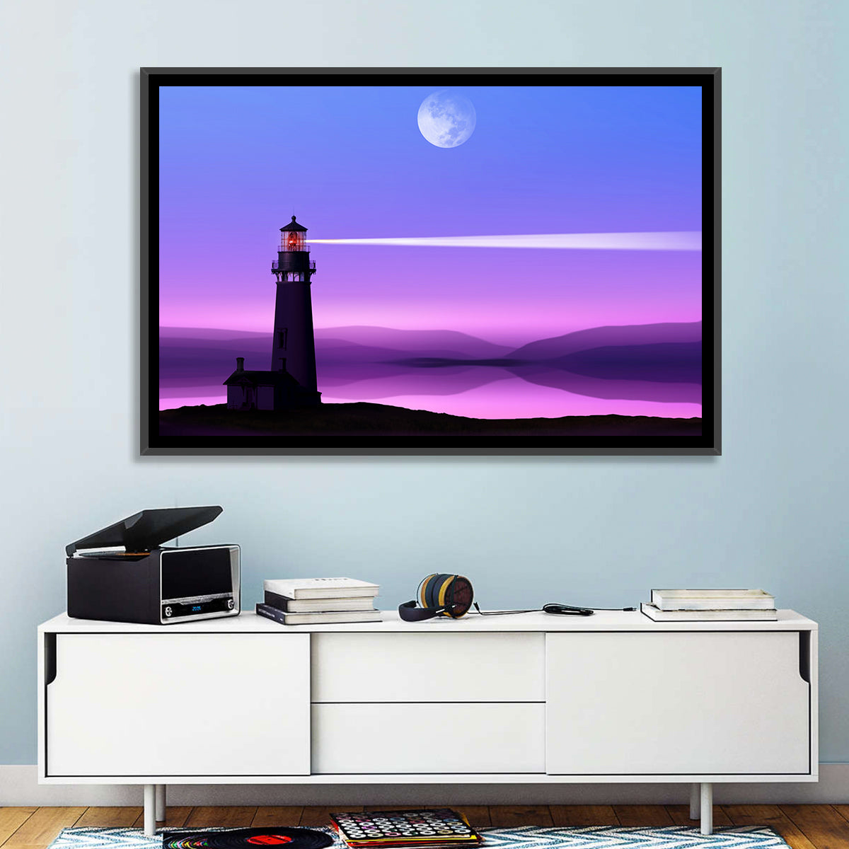 Moonlit Lighthouse Reflection Wall Art in a room, landscape