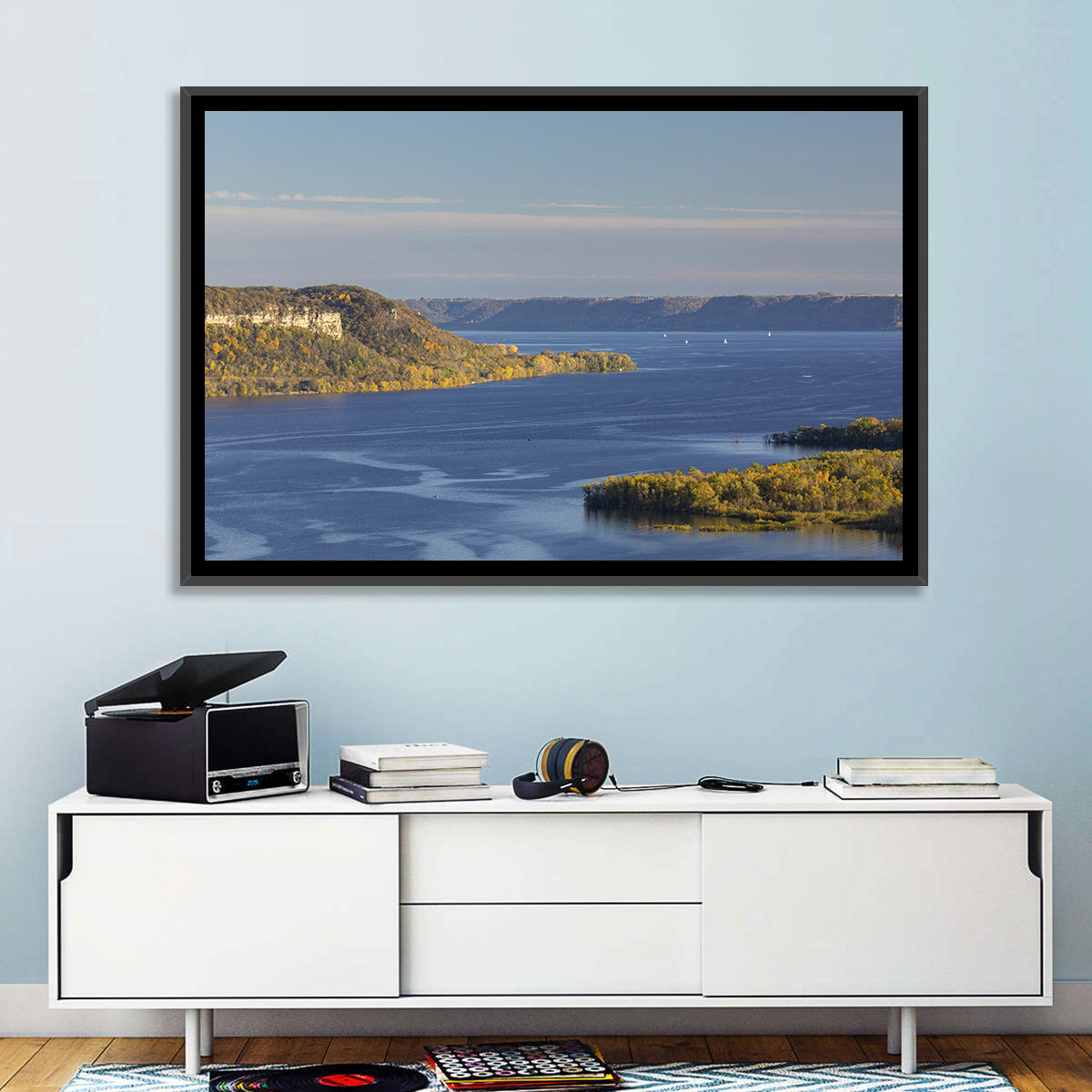 Mississippi River Autumn Panorama Wall Art in a room, landscape