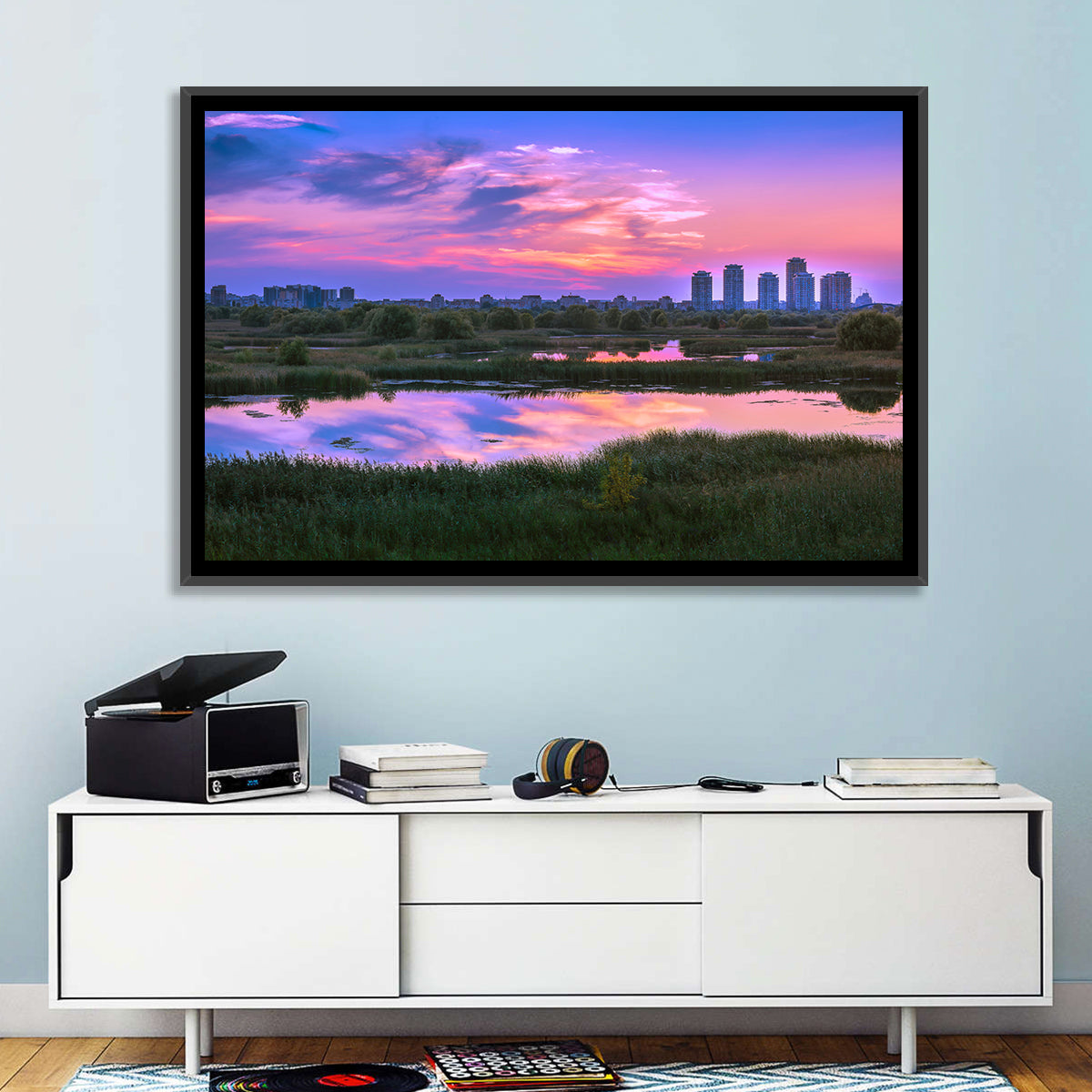 Vacaresti Park Sunset Reflection Wall Art in a room, landscape