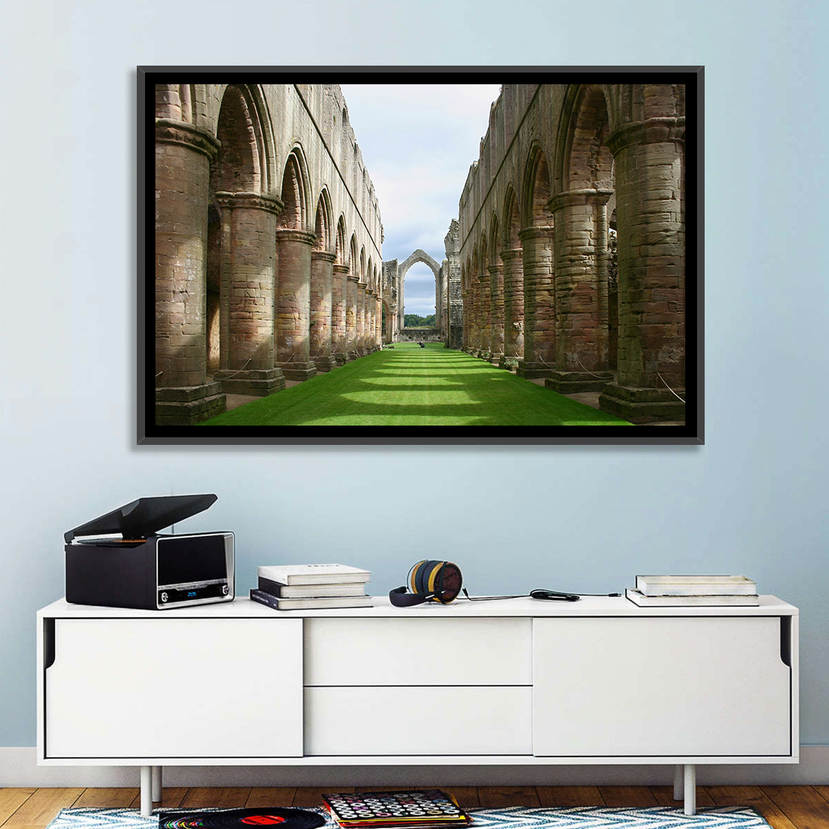 Fountains Abbey Ruins Grassy Nave View Wall Art in a room, landscape