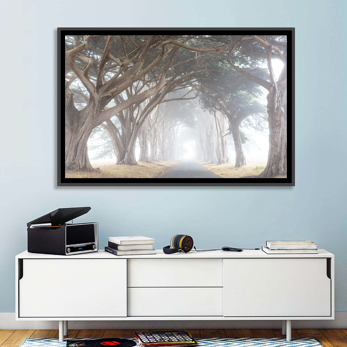 Misty Cypress Tunnel Wall Art in a room, landscape