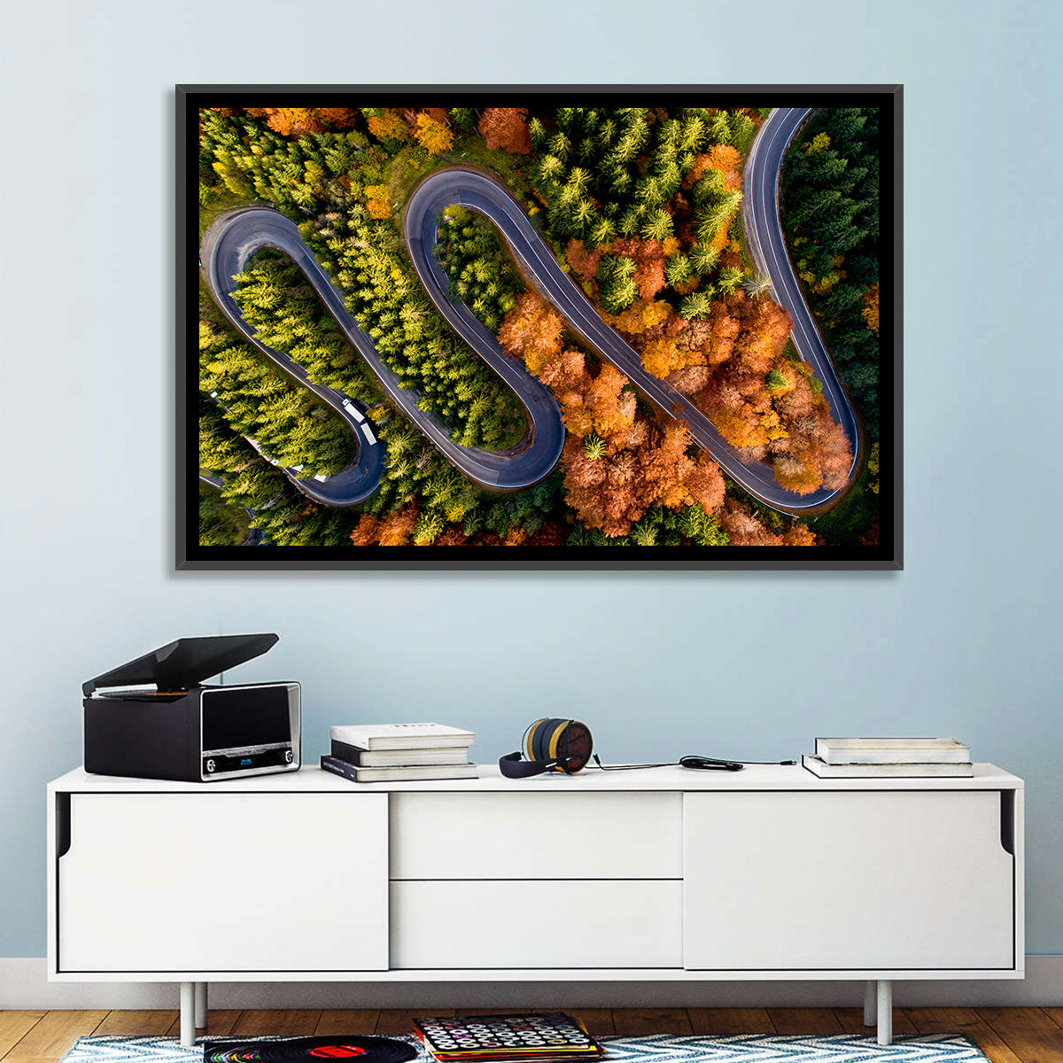 Autumn Aerial Mountain Road Wall Art in a room, landscape
