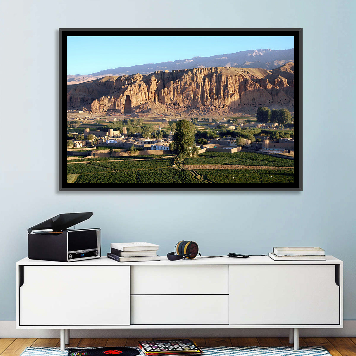 Bamiyan Valley Cliff Niche at Golden Hour Wall Art in a room, landscape