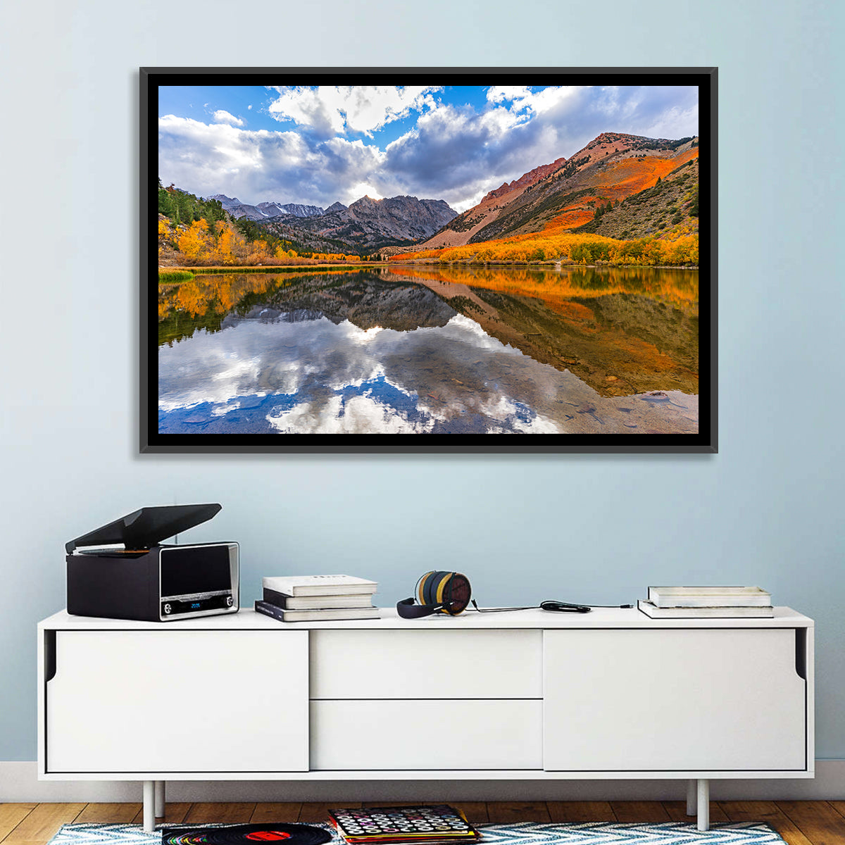 North Lake Autumn Reflection Wall Art in a room, landscape
