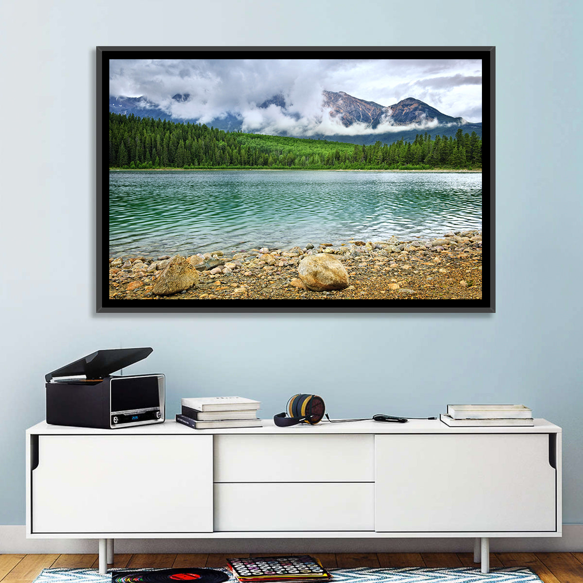 Patricia Lake Cloudy Peaks Wall Art in a room, landscape