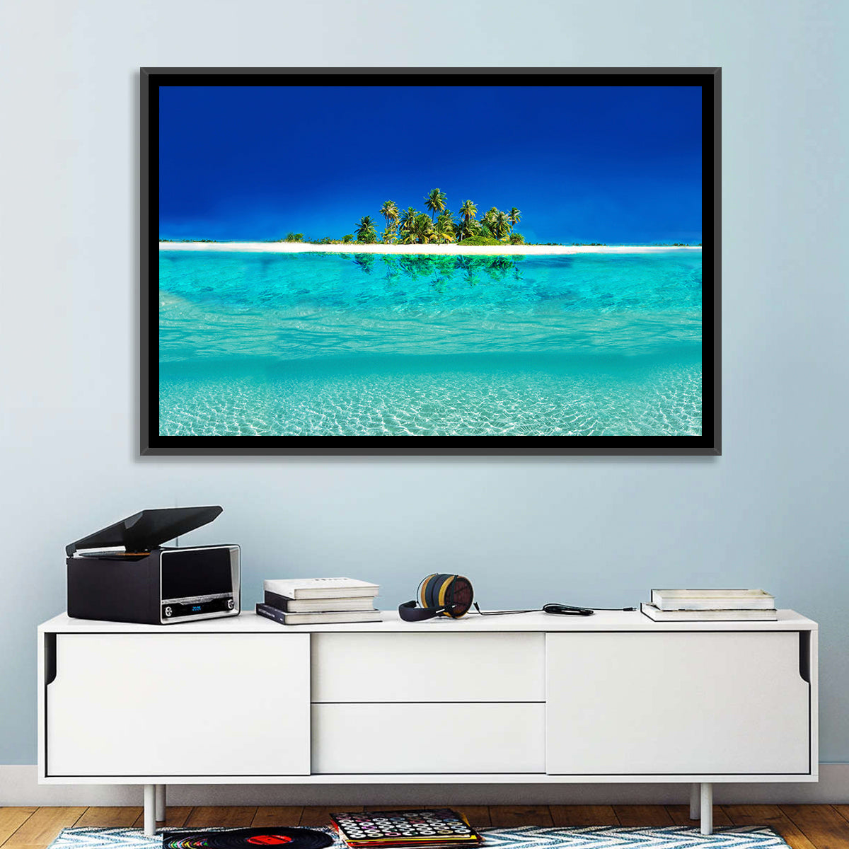Tranquil Split-level Tropical Island Seascape Wall Art in a room, landscape