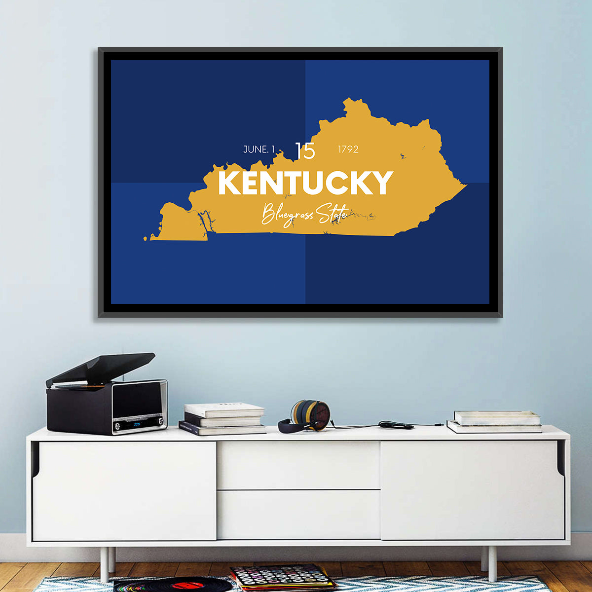 Blue and Gold Kentucky Map Wall Art in a room, landscape