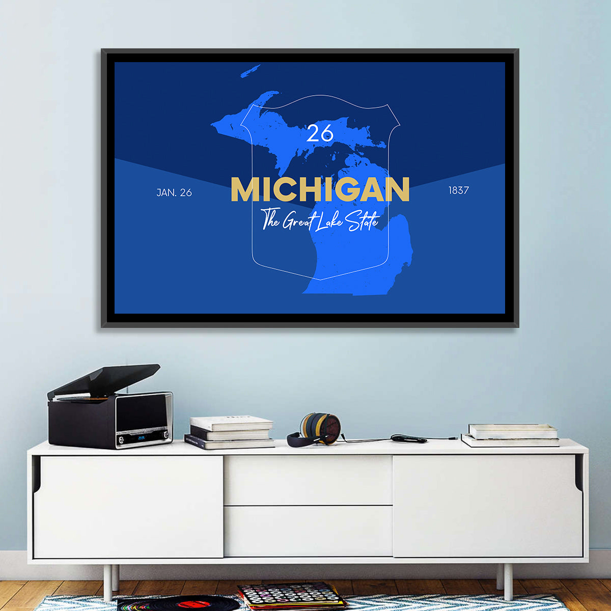 Michigan Shield Map Graphic Wall Art in a room, landscape