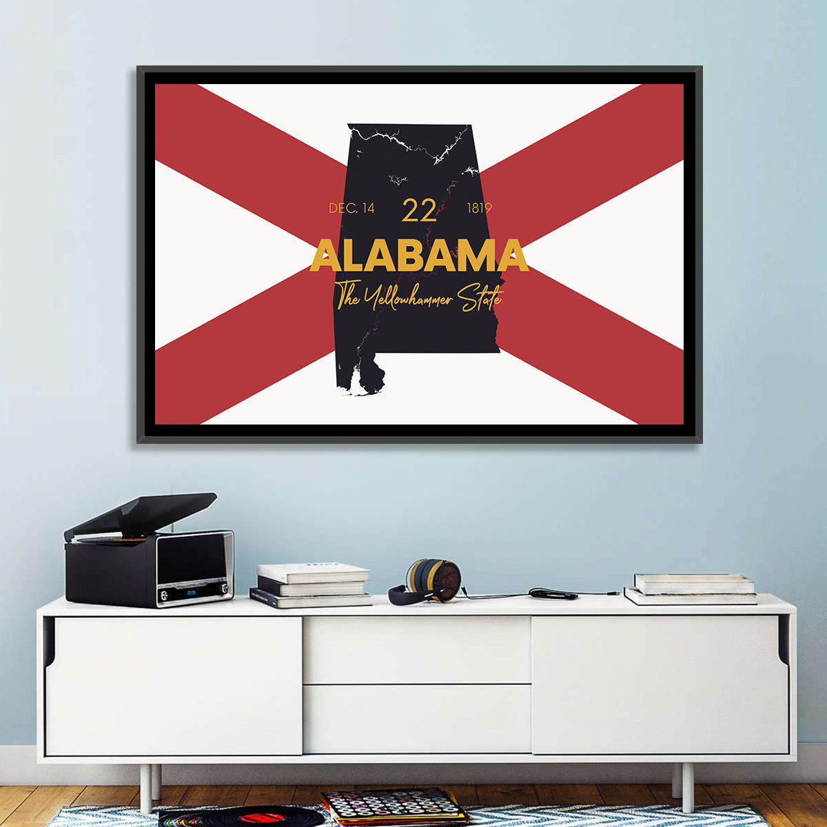 Alabama Map Over State Flag Wall Art in a room, landscape