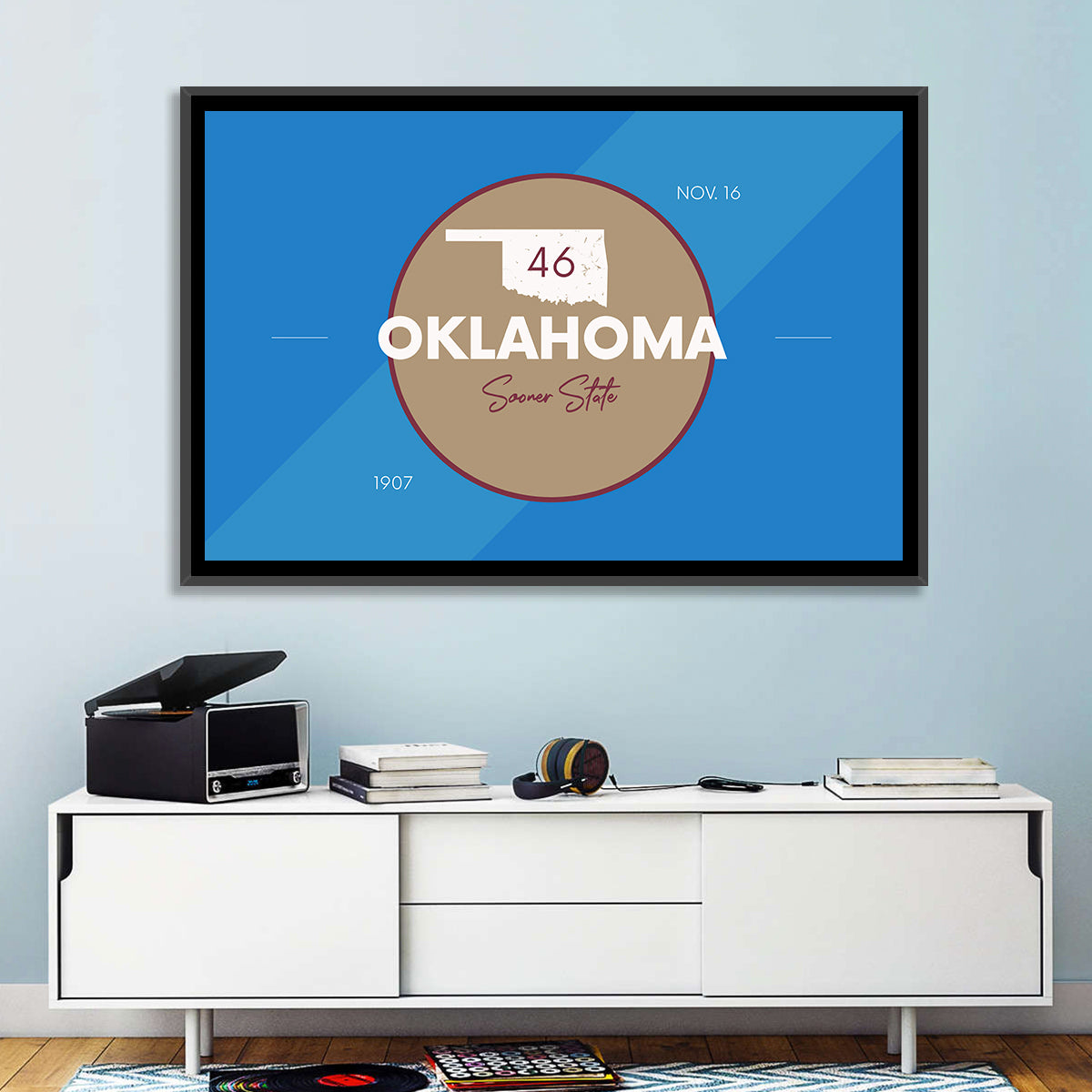 Oklahoma State Medallion Map Wall Art in a room, landscape