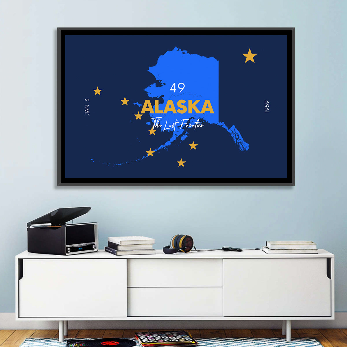Alaska Map with Gold Stars Wall Art in a room, landscape