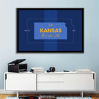 Kansas Typographic Map, Blue and Gold Wall Art
