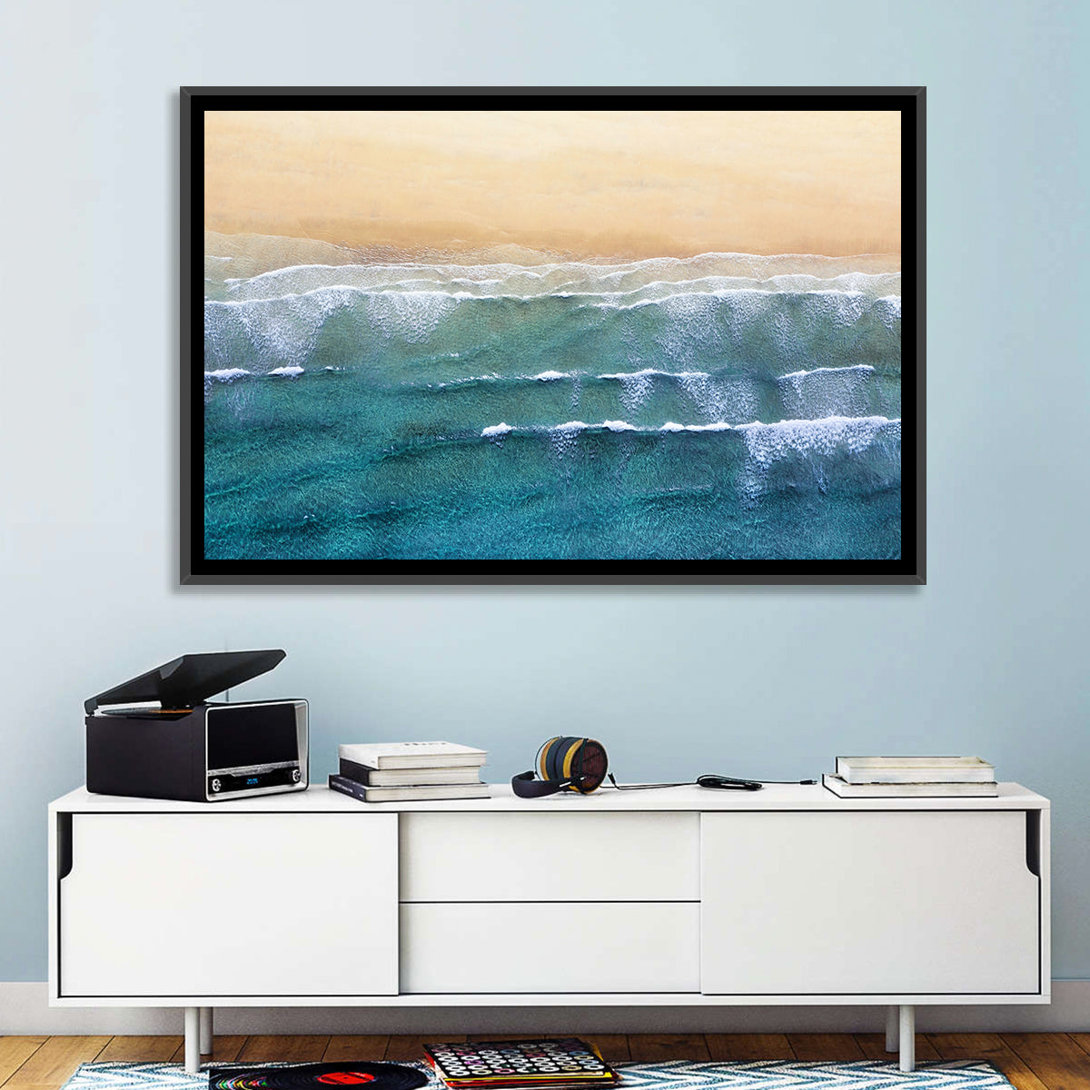 Calm Turquoise Beachscape Wall Art in a room, landscape