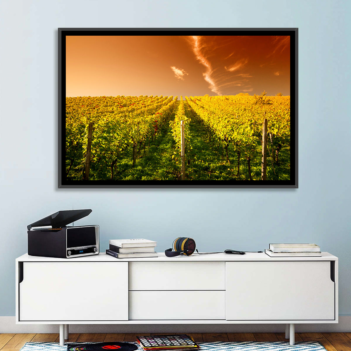 Golden Vineyard Sunset Wall Art in a room, landscape