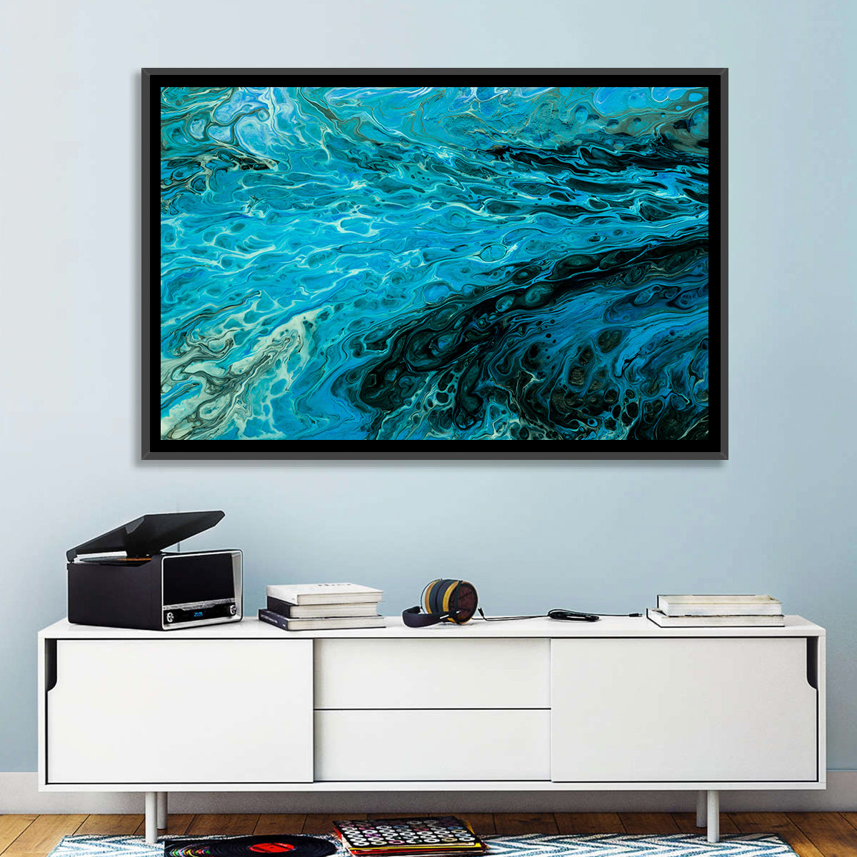 Liquid Marble Blue Abstract Wall Art in a room, landscape