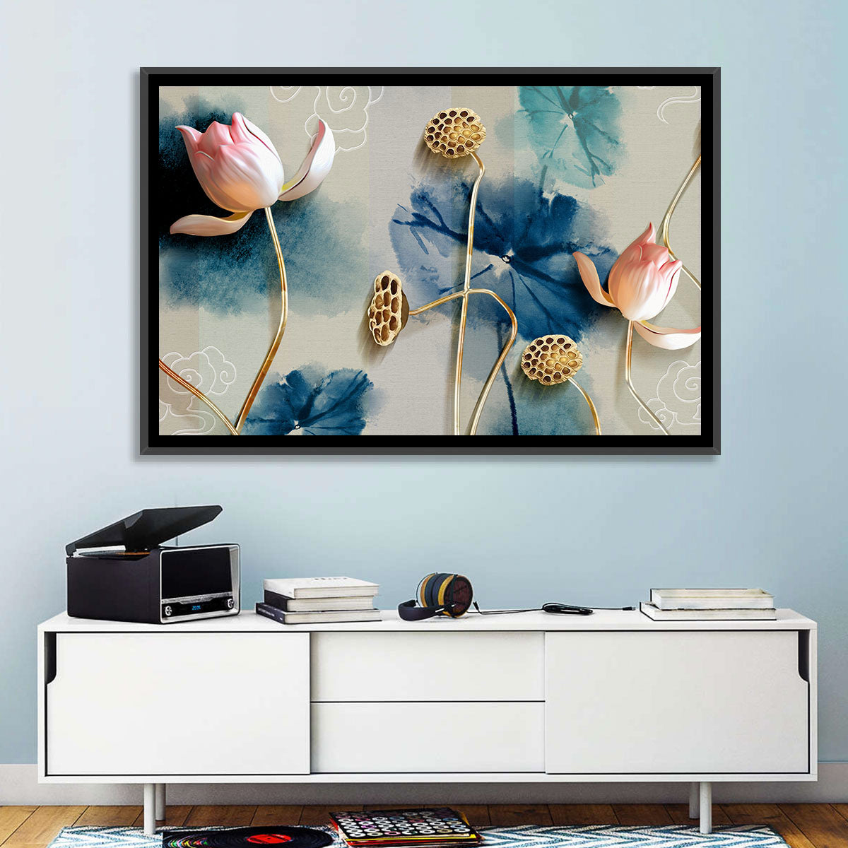 Blue Lotus Botanical Backdrop Wall Art in a room, landscape