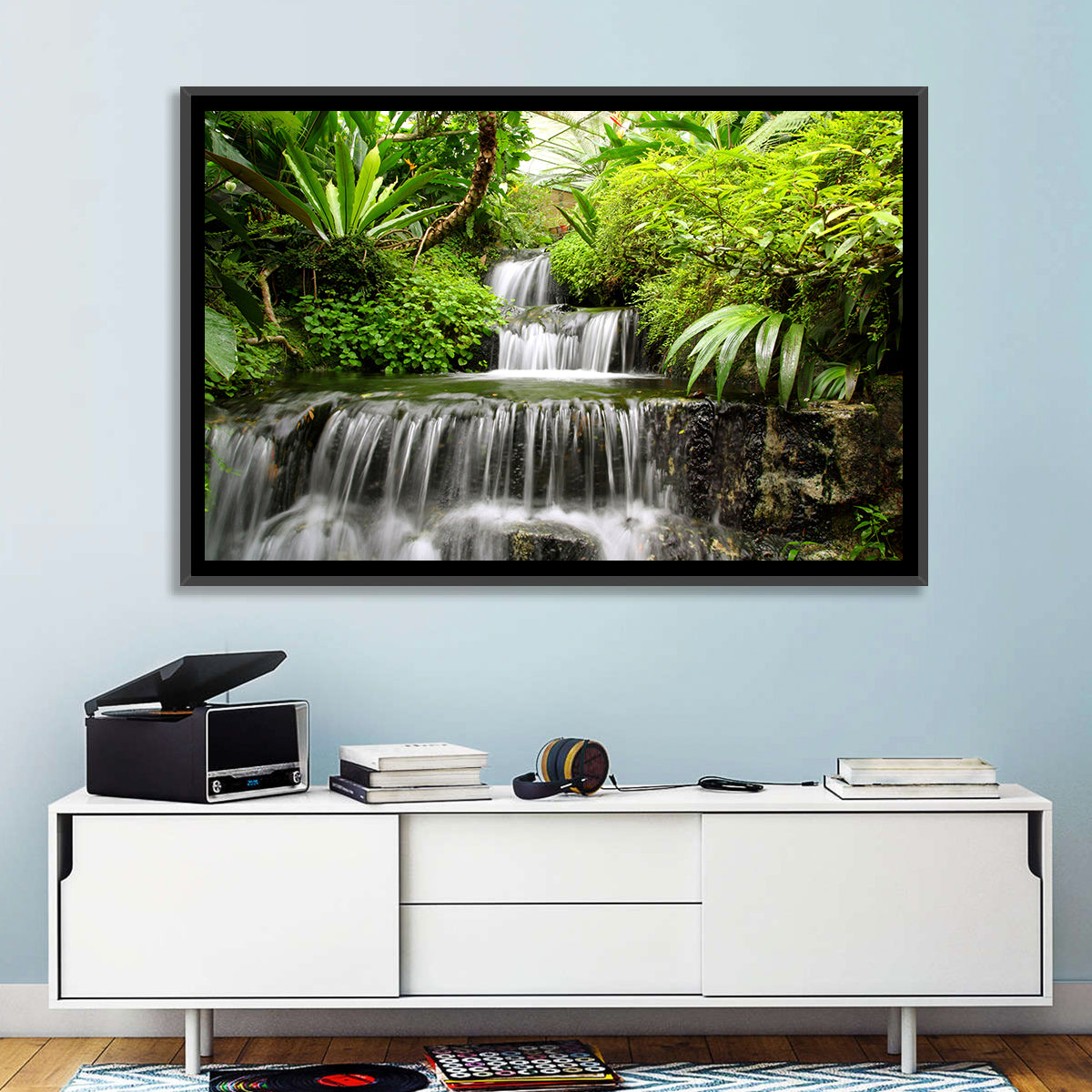 Lush Rainforest Cascade Wall Art in a room, landscape