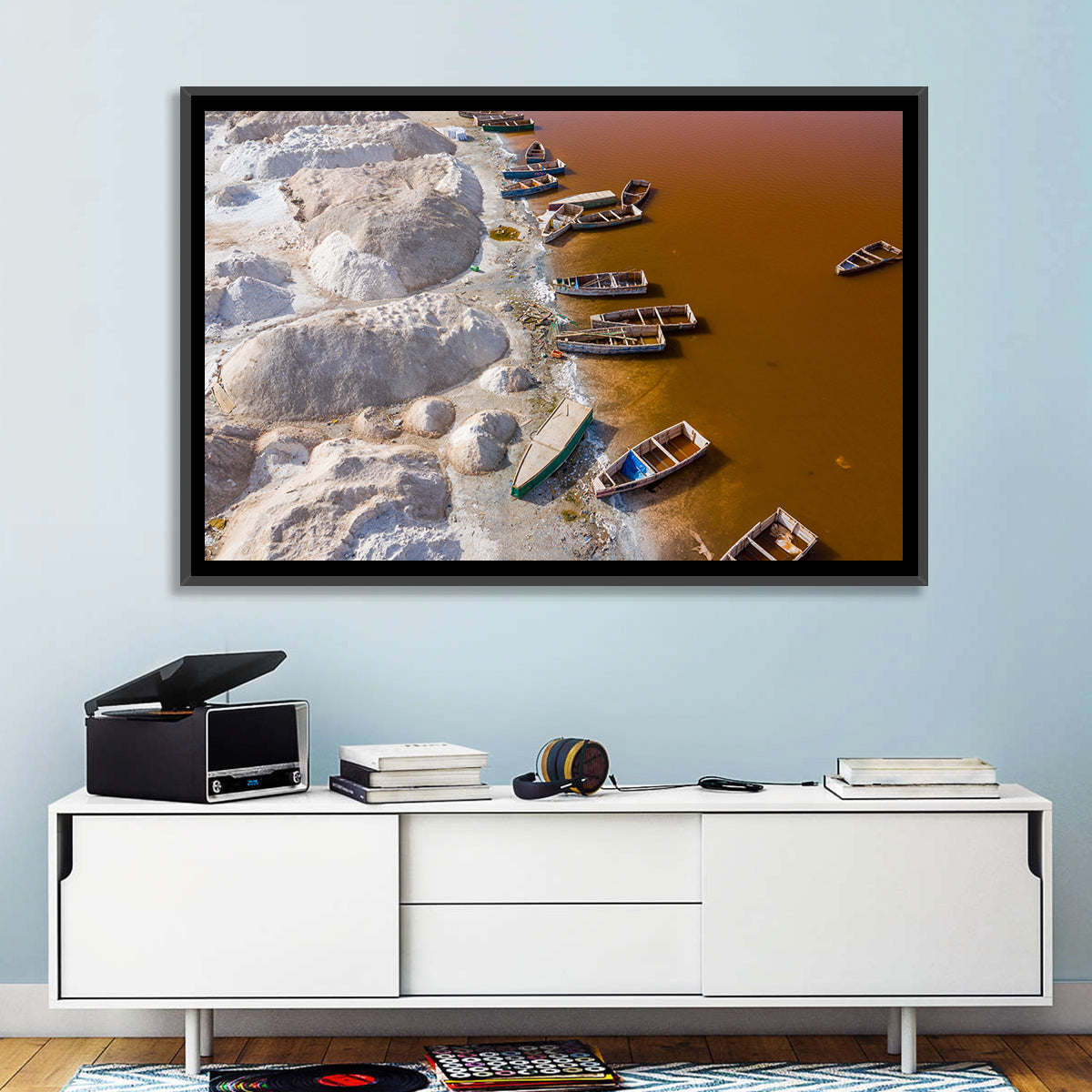 Lac Rose Boats and Salt Mounds Wall Art in a room, landscape