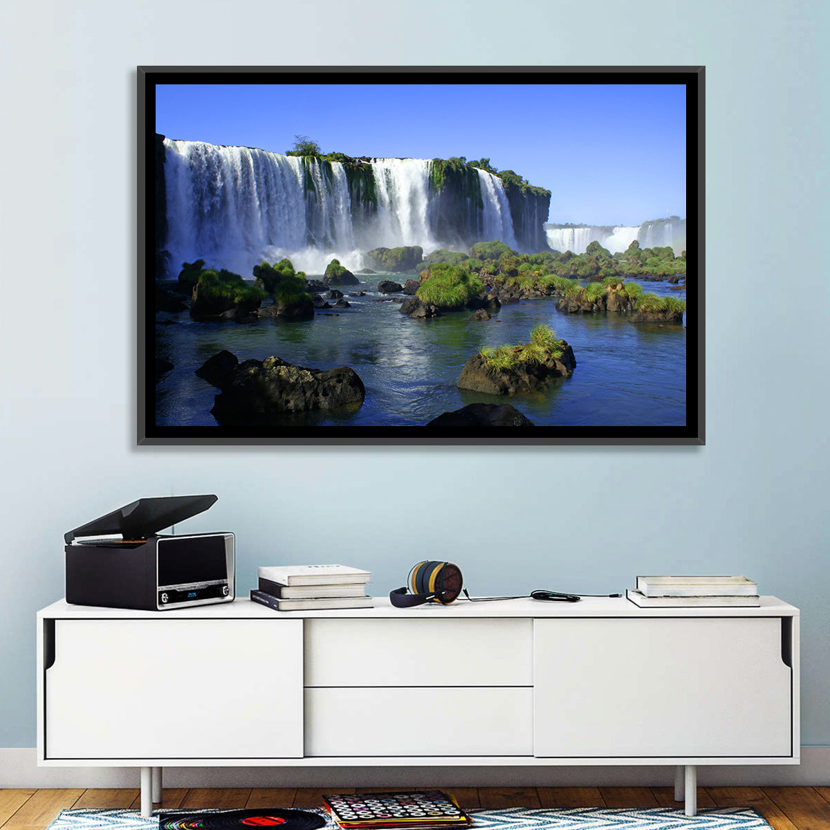 Iguazu Falls Mossy Rocks Wall Art in a room, landscape