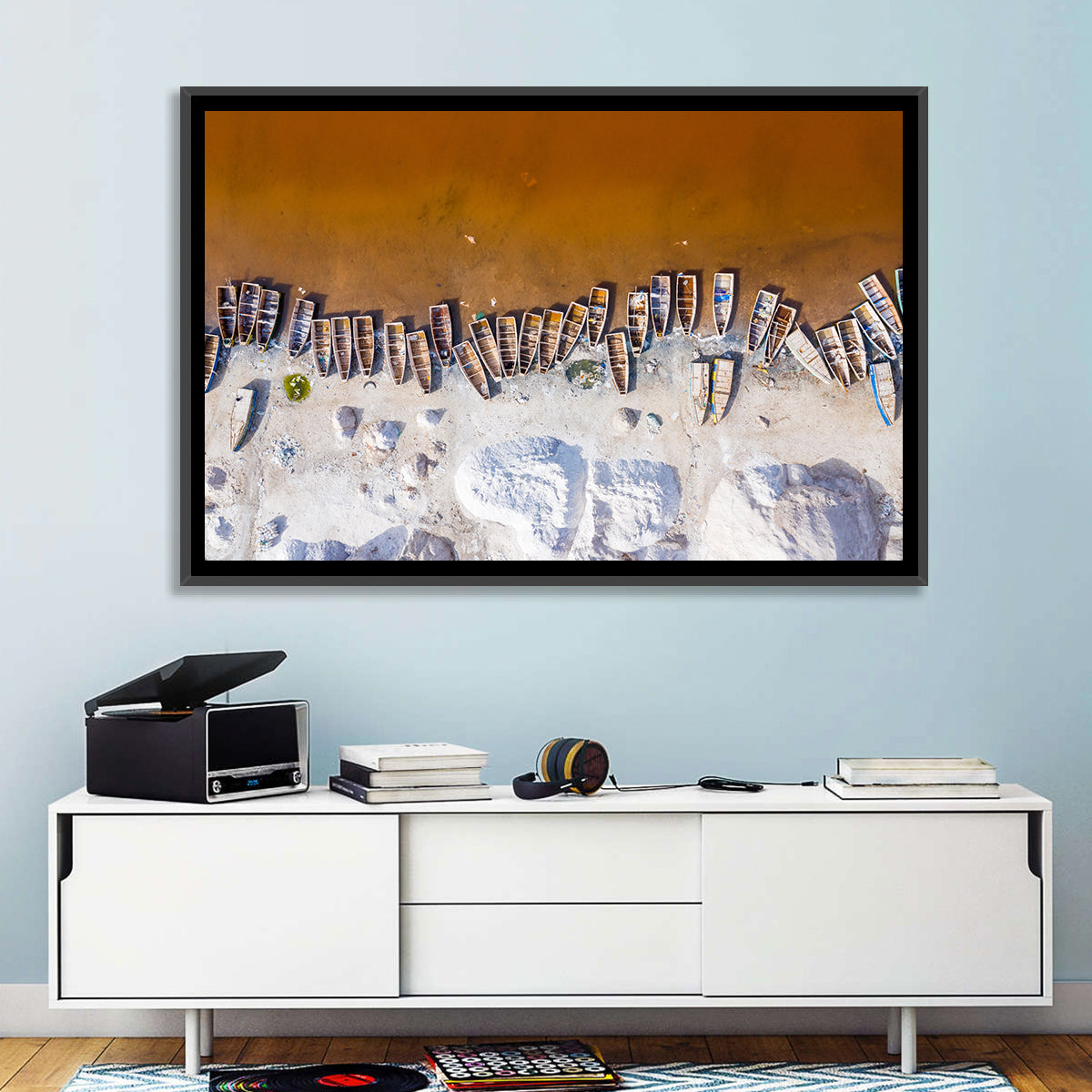 Lac Rose Boats Aerial View Wall Art in a room, landscape