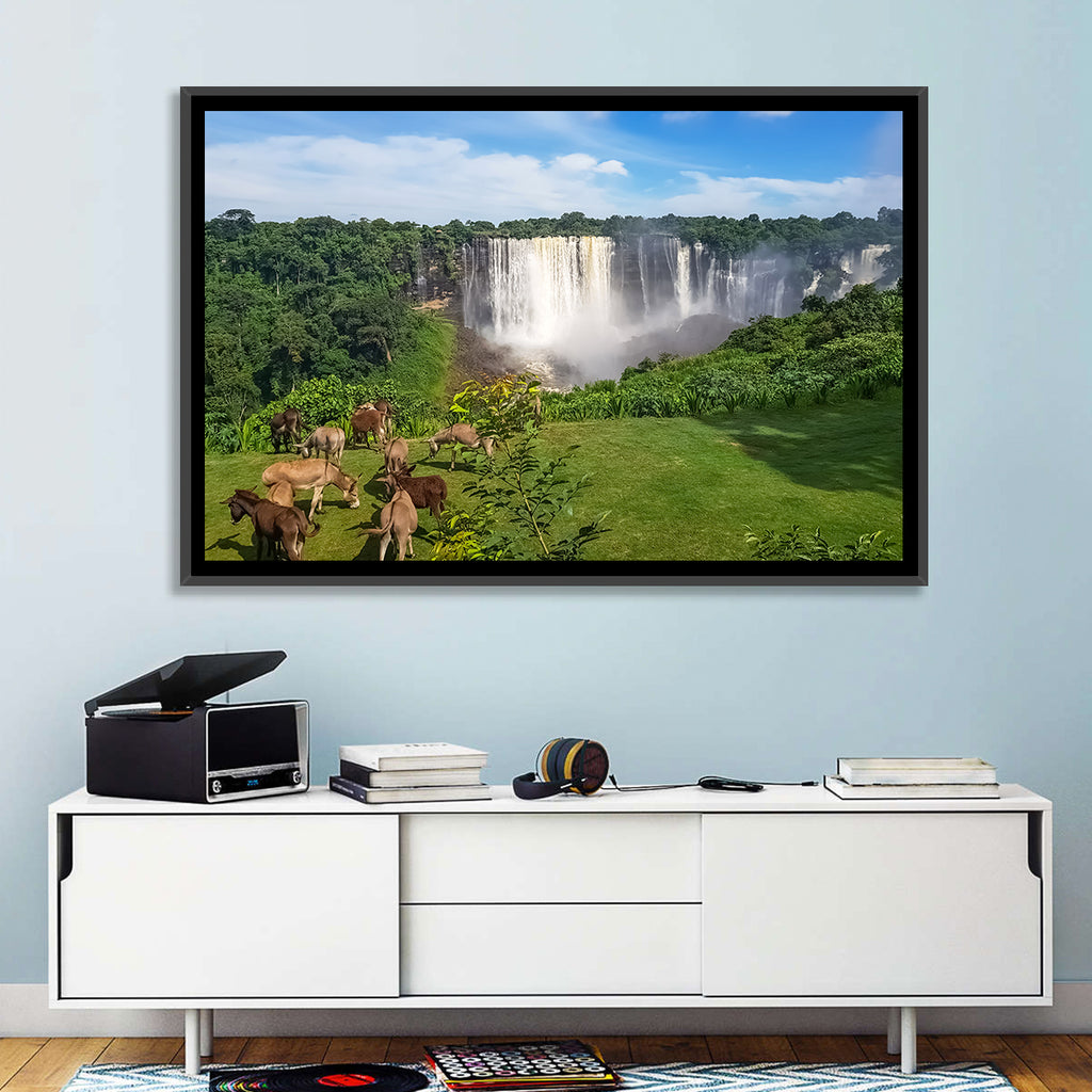 Kalandula Falls and Grazing Donkeys Wall Art