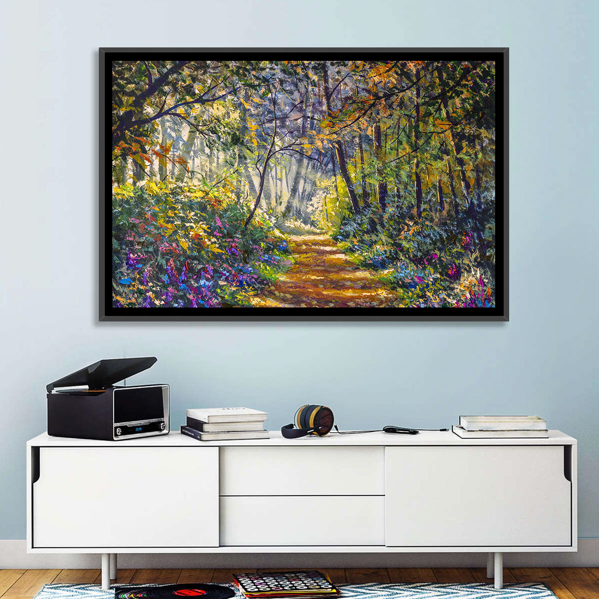 Sunlit Forest Path with Wildflowers Wall Art in a room, landscape