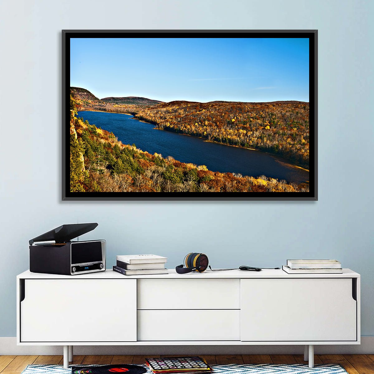 Lake of the Clouds Golden Hour Wall Art in a room, landscape