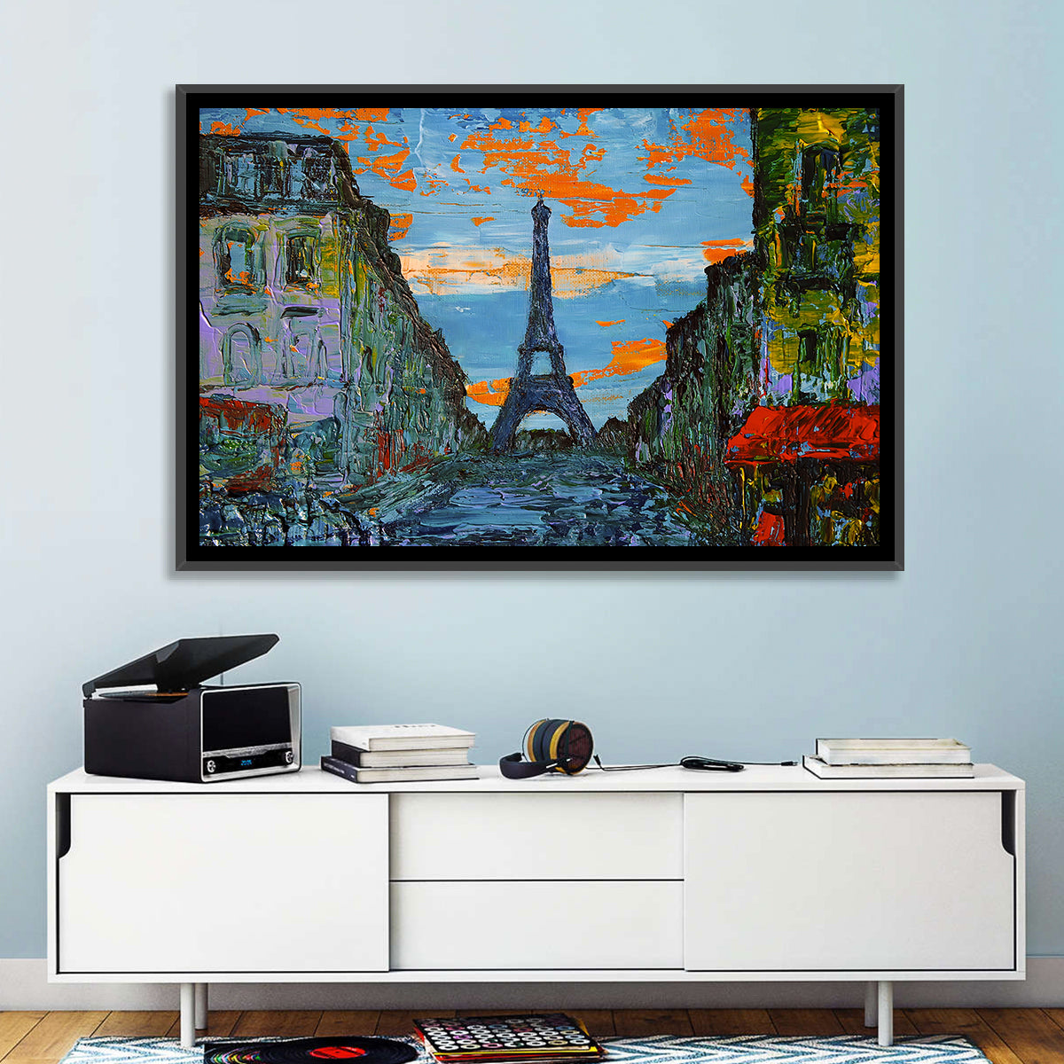 Paris Dusk Street, Eiffel Tower Wall Art in a room, landscape