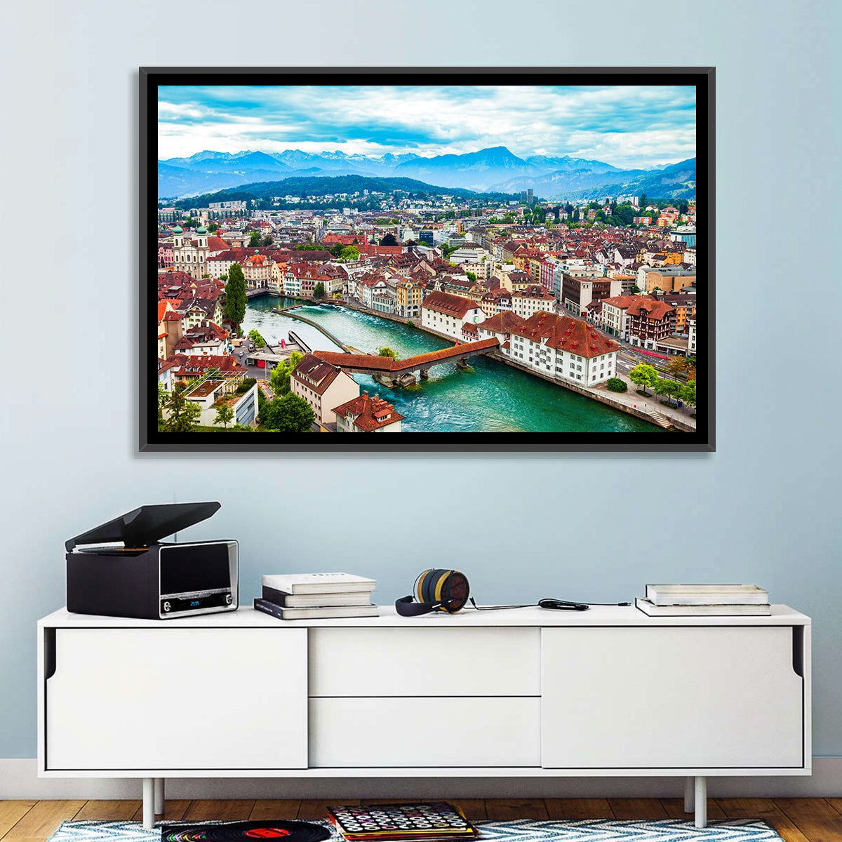 Lucerne Chapel Bridge View Wall Art in a room, landscape