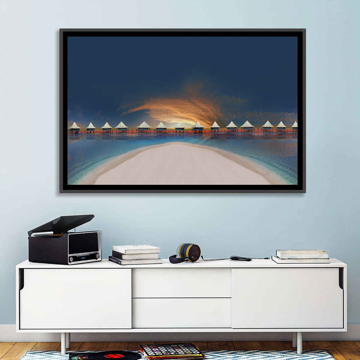 Overwater Bungalows at Golden Dusk Wall Art in a room, landscape