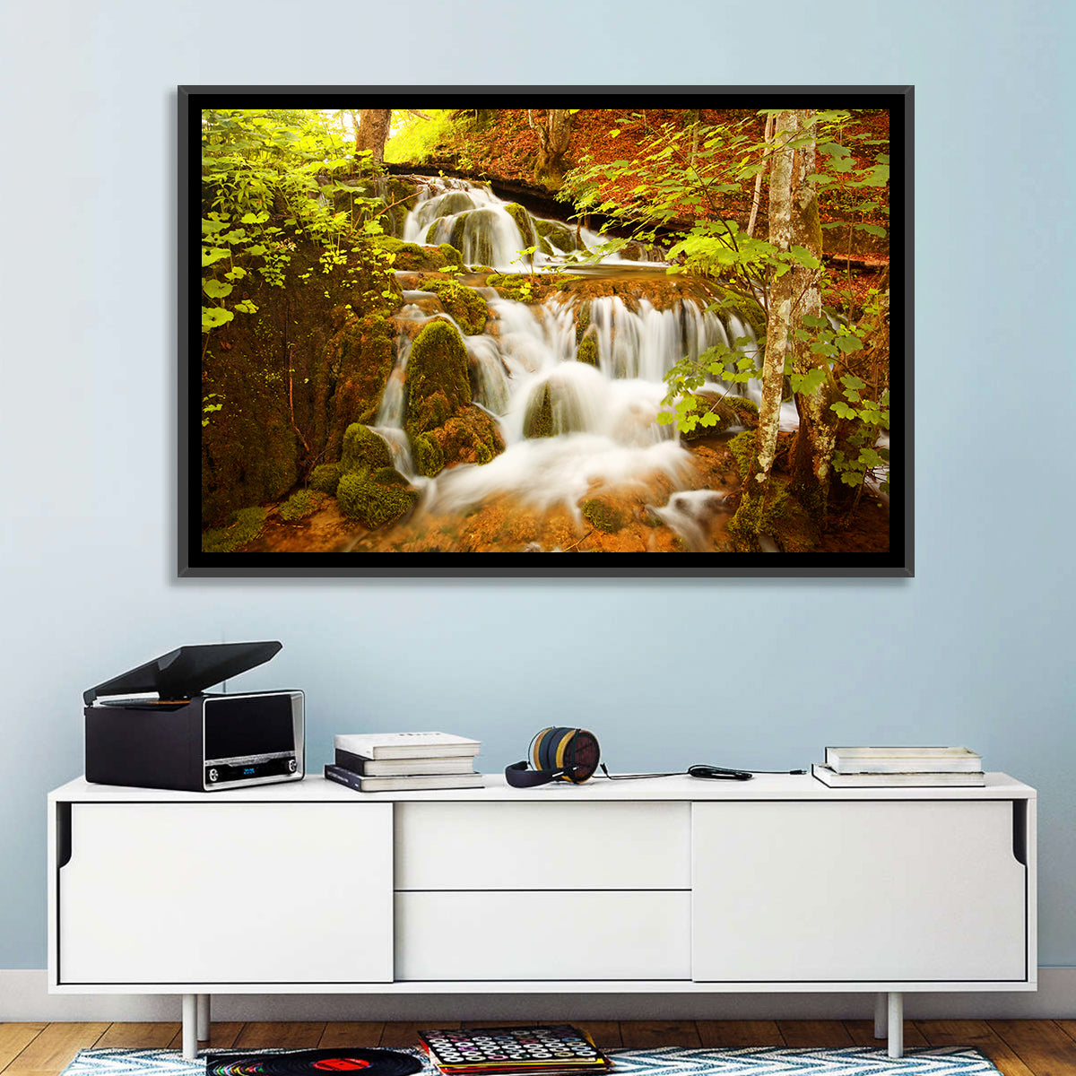 Plitvice Autumn Stream Wall Art in a room, landscape