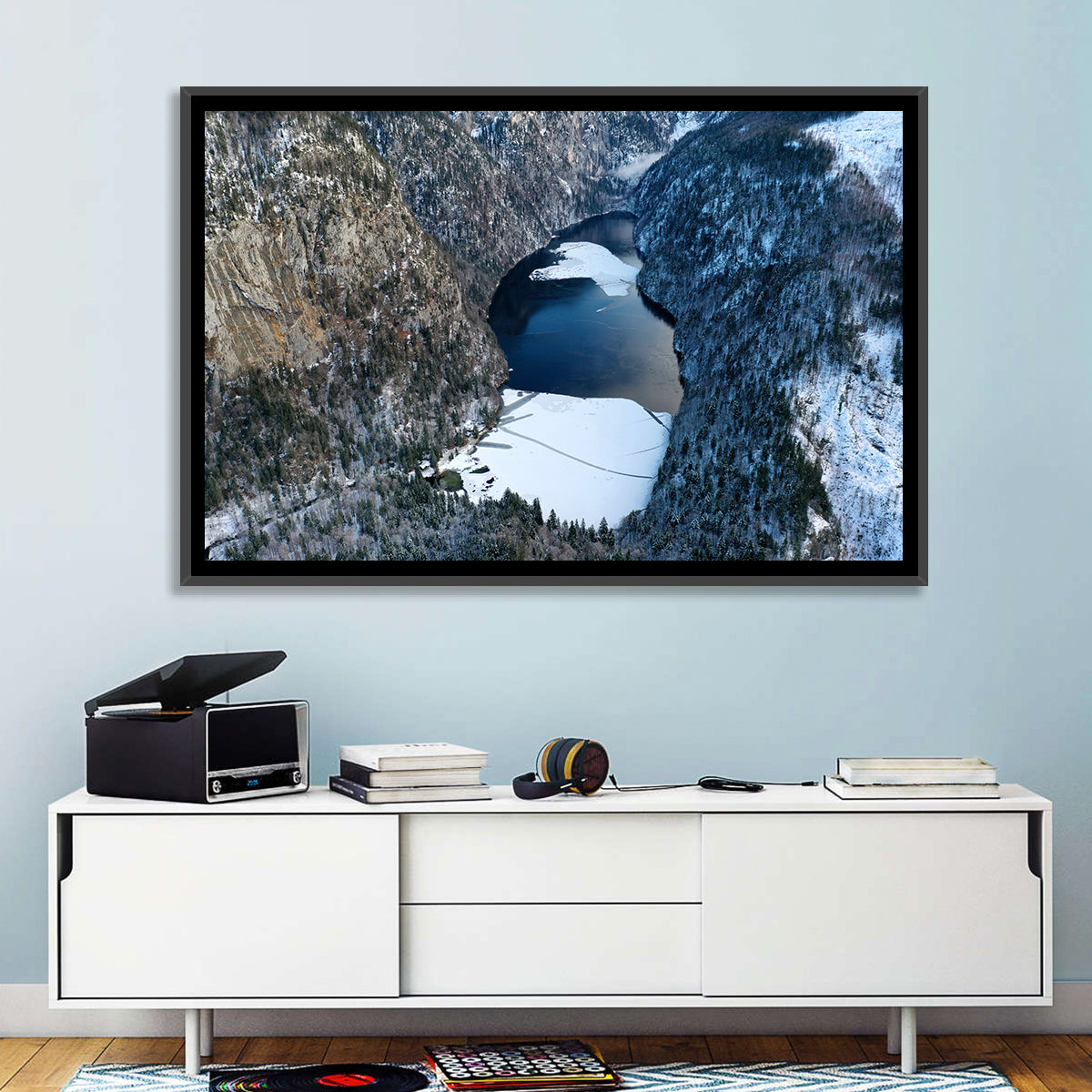 Toplitz Lake Winter Aerial Wall Art in a room, landscape