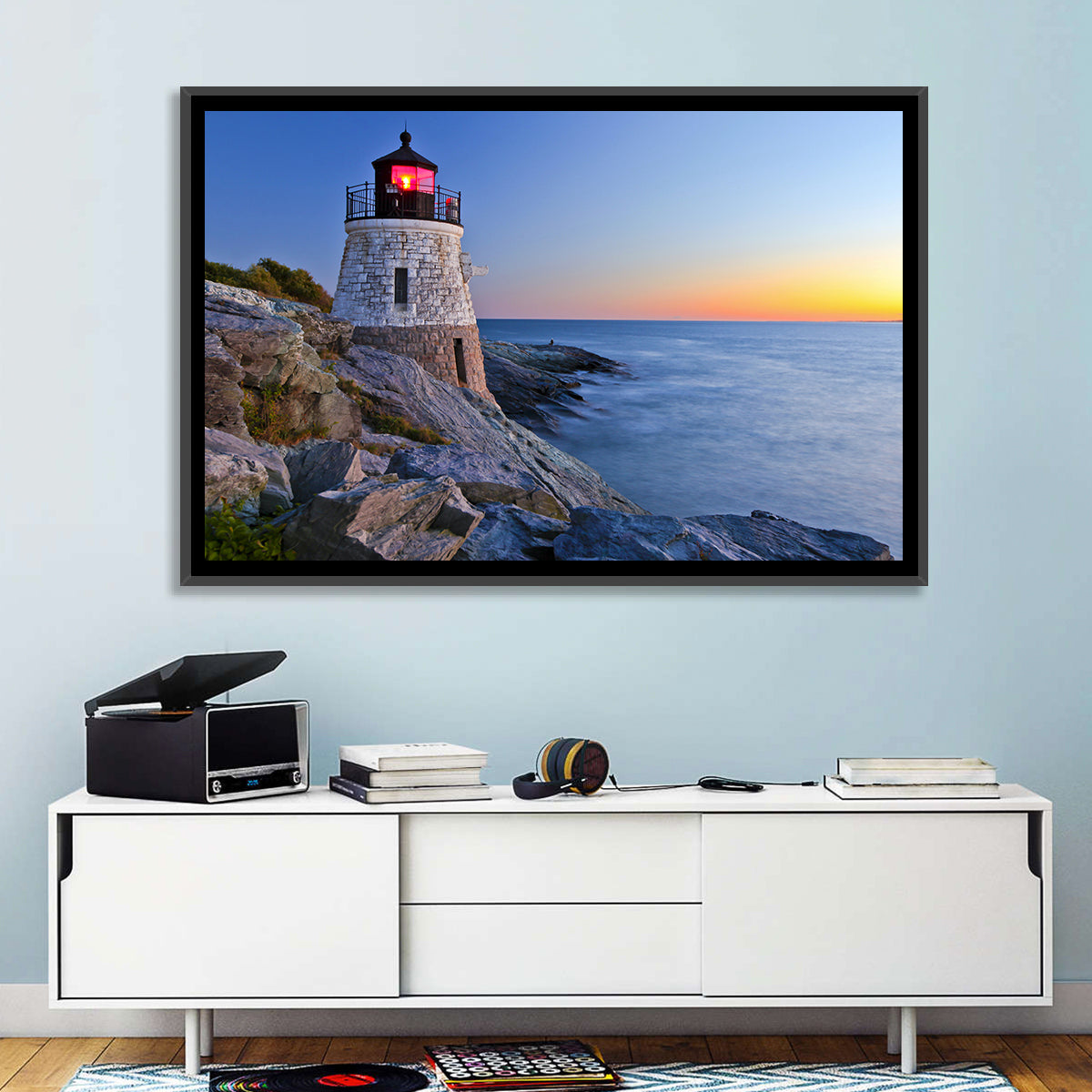 Castle Hill Lighthouse at Dusk Wall Art in a room, landscape