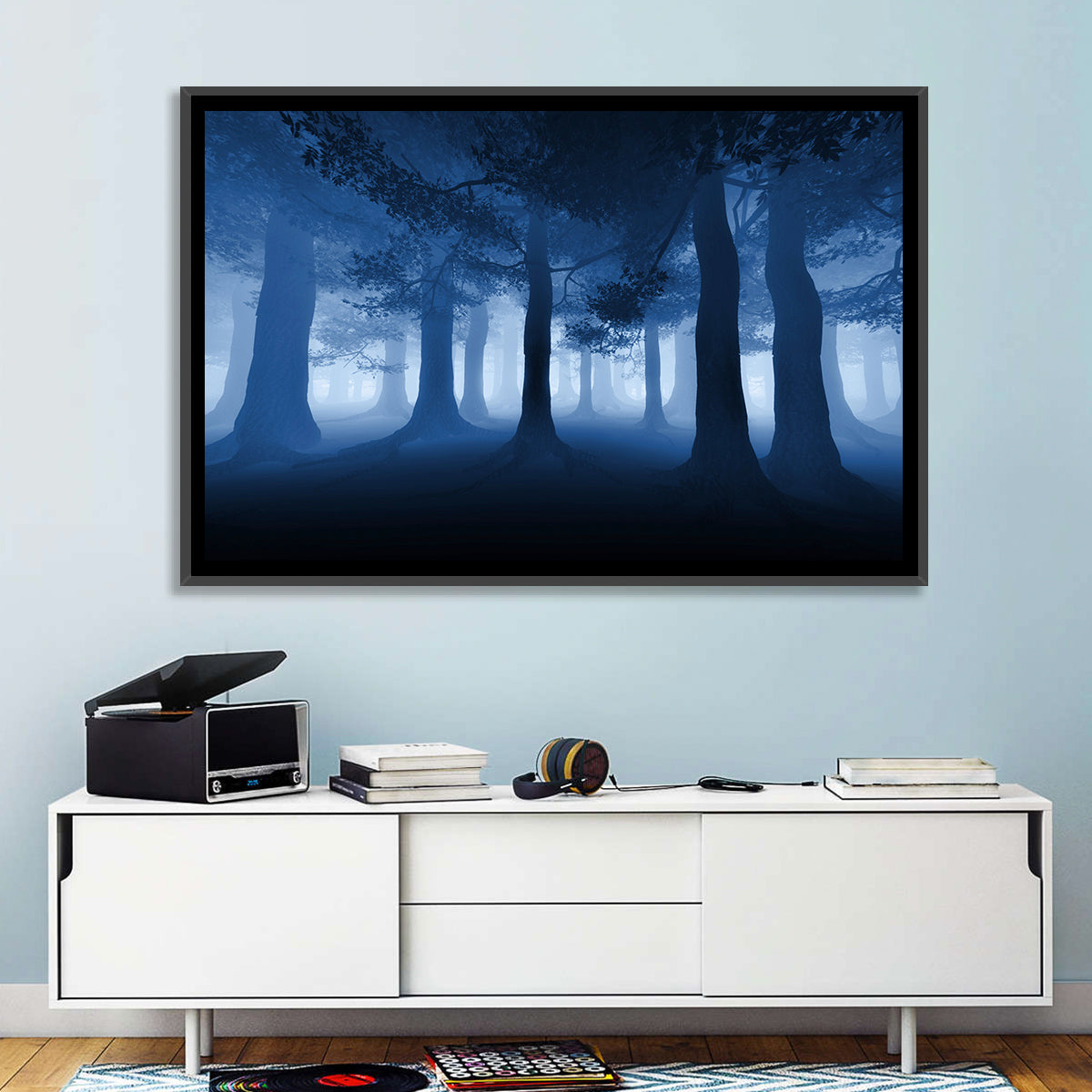 Midnight Blue Forest Wall Art in a room, landscape