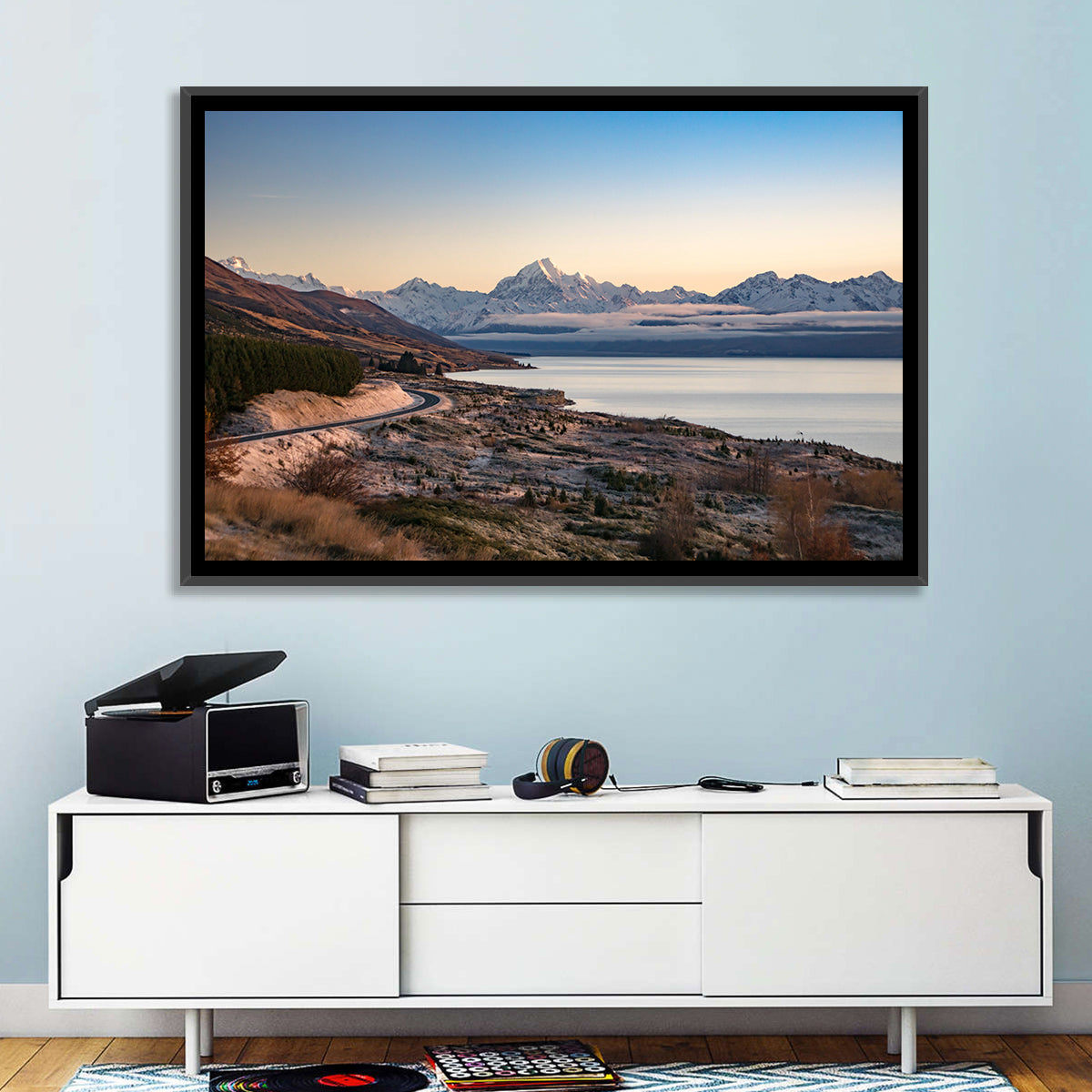 Mount Cook Over Lake Pukaki Wall Art in a room, landscape