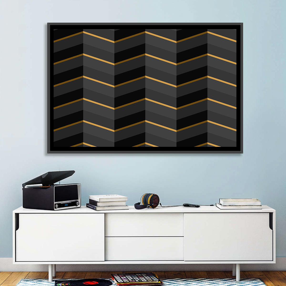 Black Stripes with Gold Accents Wall Art in a room, landscape