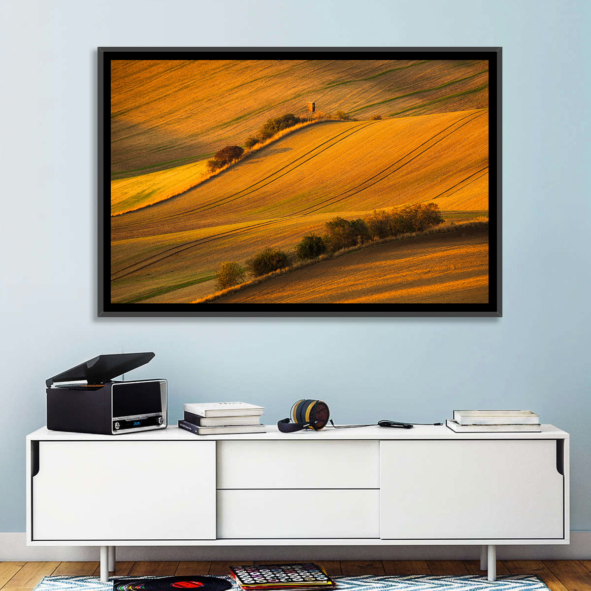 Golden Moravian Farm Tracks Wall Art in a room, landscape